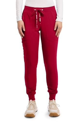 Med Couture Scrub Pants for Women Jogger Pant with 5 Pockets, Lightweight, Ultra Soft, 2-Way Stretch Fabric - MC7710P, L Petite, Red