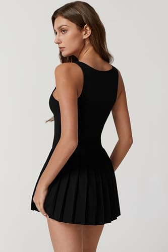 QINSEN Pleated Workout Dress with Built in Shorts Square Neck Sleeveless No Bra Summer Athletic Dress Black L