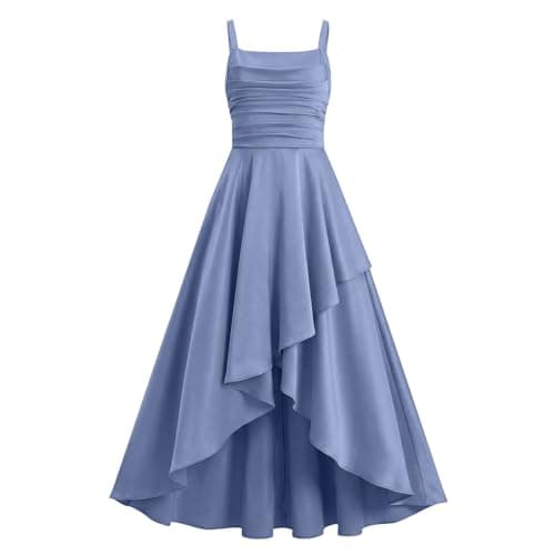 Junior Bridesmaid Long Dresses Teen Girls a Line Dress Chiffon Formal Ruffles Skirt Skater School Recital Dress Blue — view 5