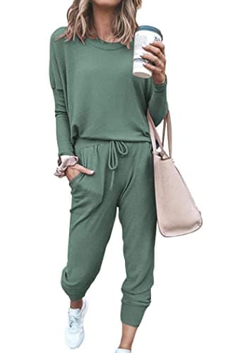 PRETTYGARDEN Women Fall 2 Piece Lounge Outfit Long Sleeve Tops High Waisted Jogger Pants Set Spring Travel Clothes Tracksuit (Light Green,Medium)