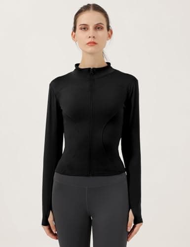 Locachy Women's Lightweight Stretchy Workout Full Zip Running Track Jacket with Thumb Holes, Black, Medium — view 5
