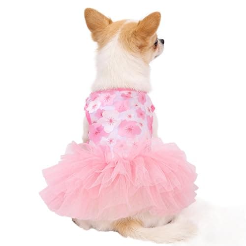 SIMCAPY Dog Dress, Fashion Puppy Tutu Princess Dresses for Small Dogs Girl, Sweet Skirt with Dog Bowknot Clips, Spring Dog Cat Clothes Pet Apparel (Pink Floral Dress, XXX-Small) — view 2