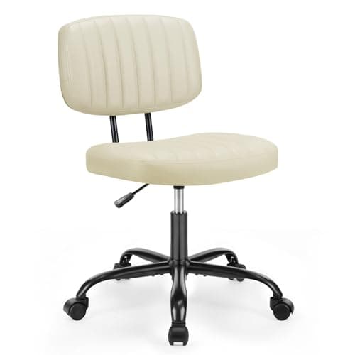 Sweetcrispy Small Office Desk Chair, Armless PU Leather Chair with Comfy Lumbar Support, Height Adjustable Rolling Swivel Task Chair for Adult, Student, Home, Vanity, Beige
