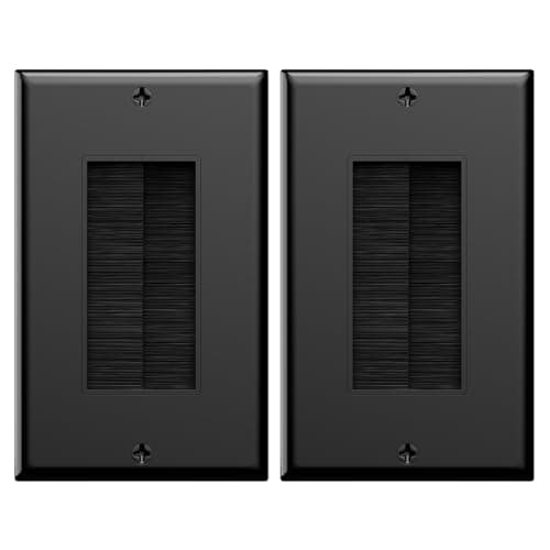 VCE Single Brush Wall Plate, Cable Pass Through Insert for Wires, Single Gang Cable Access Strap, Wall Socket for HDTV, Home Theater Systems - Black (2-Pack)