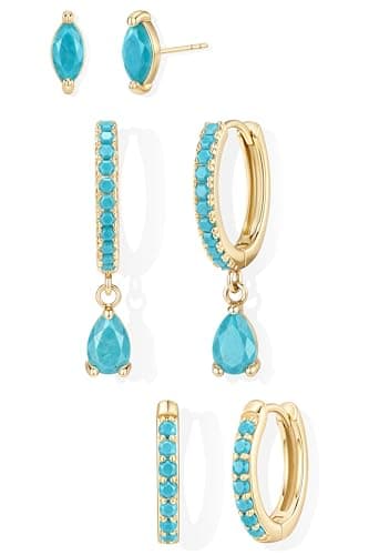 GoldGifts Turquoise Earrings - Western Beachy Boho Jewelry Gift, Hypoallergenic 14K Gold Plated Small Huggie Hoop Set for Women, Dainty Lightweight Trendy Stack Dangle Studs for Cartilage Helix