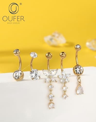 OUFER Gold Belly Button Ring – 5PCS Surgical Steel Belly Rings for Women, 14G Dangle Navel Piercing Jewelry Piercing Nombril with CZ Butterfly Flower Teardrop Barbell for Beach Festival — view 4