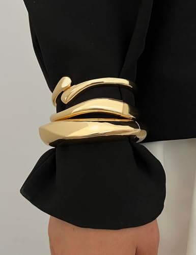 Chunky Gold Bangle Bracelets for Women, Dainty 14k Gold Plated Big Stackable Bangles Set, Trendy Cuff Bracelet Stack Non Tarnish Summer Beach Jewelry Valentines Gifts for Wife Mom — view 4