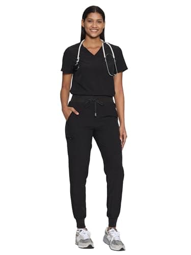 COZYFIT Scrubs for Women Set - Stretch V-Neck Scrub Top & Jogger Pant with 10 Pockets, Yoga Waistband, Anti Wrinkle, Slim Fit Women Scrubs - Black, M — view 8