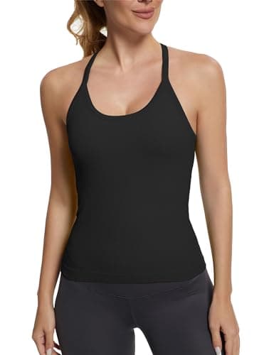 MathCat Seamless Workout Tank Tops with Built in Bra，Racerback Athletic Tank Tops Ribbed Soft Yoga Shirts Black — view 2