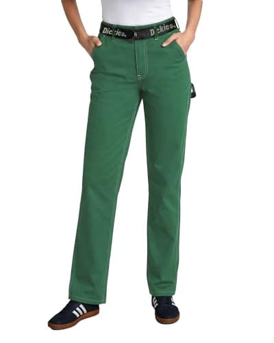 Dickies Womens Work Pants with Belt - Relaxed Fit Straight Leg High Waisted Carpenter Pants for Women with Utility Pockets, Dark Ivy, 32