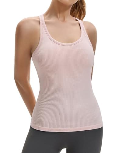 Gxpok Workout Tank Tops for Women with Built in Bra, Ribbed Athletic Gym Shirts Racerback Yoga Workout Tops Pink — view 2
