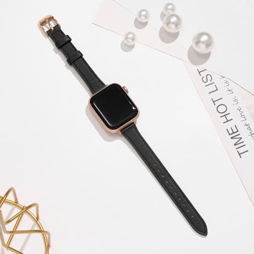 STIROLL Slim Leather Bands Compatible with Apple Watch Band 38mm 40mm 41mm 42mm(Series 11 10), Top Grain Leather Watch Thin Wristband for iWatch SE 9 8 7 6 5 4 3 2 1 (Black Rose Gold) — view 7