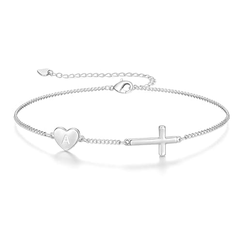 Lunvky 14k Gold Plated Initial Cross Bracelets for Women, Silver Dainty Cute Heart Name Letter Bracelet for Teen Trendy Stuff Confirmation Religious Christian Jewelry Birthday Jesus Gifts
