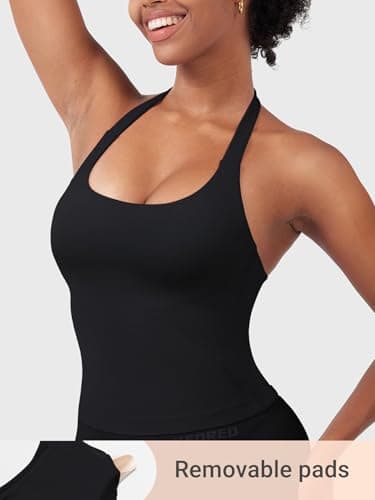 YEOREO SoftHue Women's Impact Halter Tank Top Longline Backless Scoop Neck Built-in Bra Sports Workout Gym Crop Top, Black, Medium — view 4