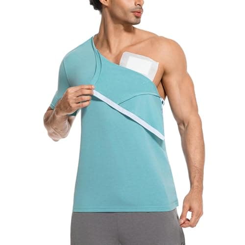 RefindWin Mens Post Shoulder Surgery Shirt Short Sleeve Tear Away Shirts Adaptive Clothing Men Chemo Port Shirts Cyan XL