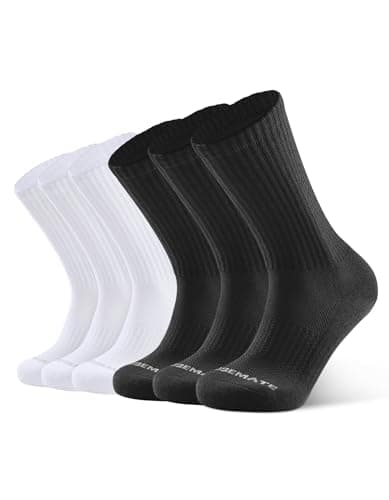 CLOSEMATE Men's Moisture-Wicking Cushioned Performance Socks Athletic Crew Socks for Basketball, Running, Gym Work, and Daily Activities 6 Pairs(3 Black 3 White, Size M)