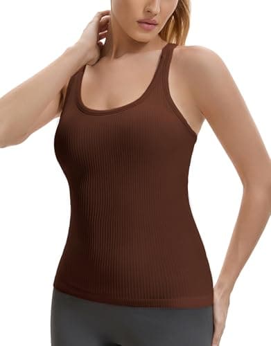 Gxpok Workout Tank Tops for Women with Built in Bra, Ribbed Athletic Gym Shirts Racerback Yoga Workout Tops Coffee Brown — view 3