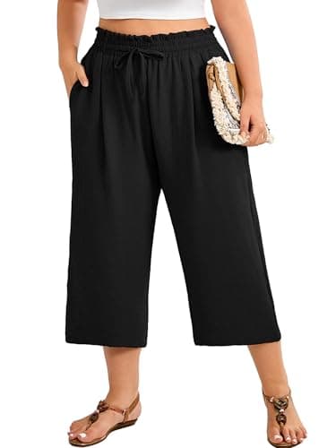 AusLook Plus Size Capri Wide Leg Black 2X Pants for Women with Pockets High Waisted Elastic Drawstring Summer Casual Flowy Straight Lounge Beach Cropped Trousers