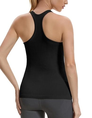 Gxpok Workout Tank Tops for Women with Built in Bra, Ribbed Athletic Gym Shirts Racerback Yoga Workout Tops Black — view 3