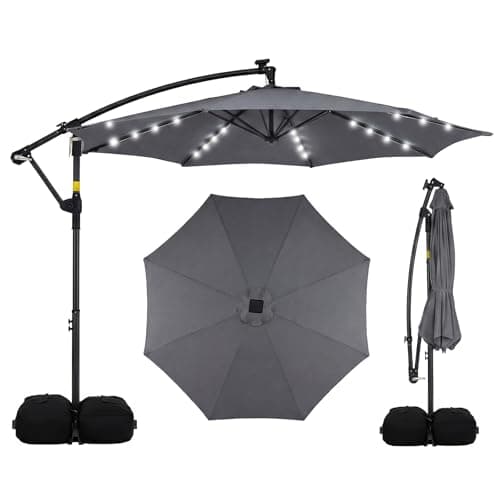 Tangkula 10ft Solar Patio Umbrella with Base Included, Offset Cantilever Outdoor Umbrella with 32 LED Lights, 360 Degree Rotation, Crank Handle for Pool Deck Garden Backyard (Gray)