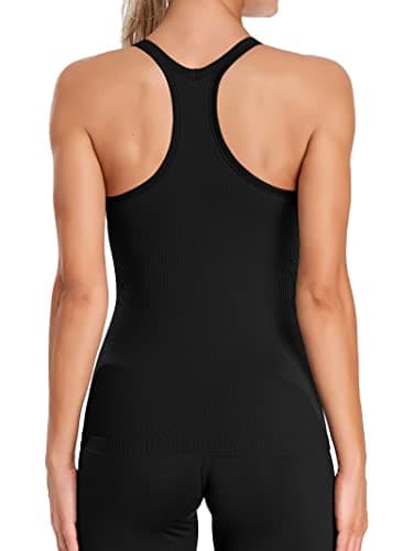 ATTRACO Black Workout Tops for Women Built in Bra Tank Tops Racer Back Yoga Tops Slim Fit
