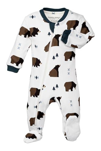 ZIPPYJAMZ Baby Sleepers, Organic GOTS Cotton Footed Onesies, Inseam Zipper for Quicker and Easier Diaper Changes - Little Grizzle (9-12 Months)