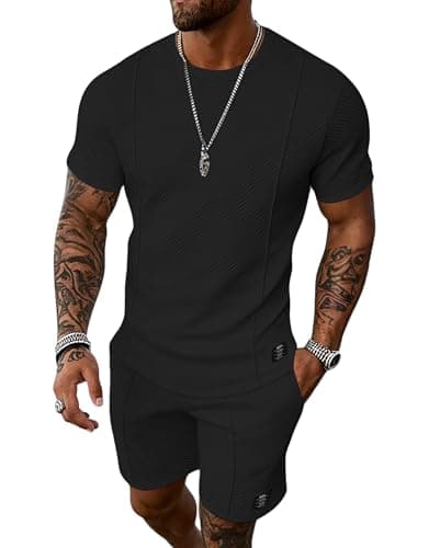 UOUA Mens Short Sets 2 Piece Summer Outfits Casual Short Sleeve Crew-Neck Shirts & Shorts Track Suit Jogging Loungewear, Black XL