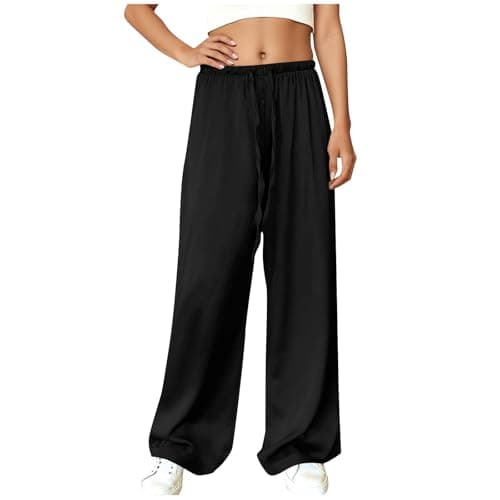 Womens Satin Wide Leg Dress Pants Silk Casual Dressy Flowy Long Pants Drawstring Elastic High Waisted Trousers S-3XL Black