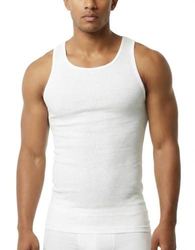 Pure Look Men’s 3-Pack 100% Cotton Ribbed Sleeveless A-Shirt Tank Top Undershirt, White, Large