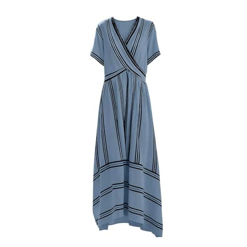 Women's Summer Boho Striped Print Midi Dress Short Sleeve Deep V Neck Criss Cross Empire Waist Flowy Beach Dress Blue-L — view 5