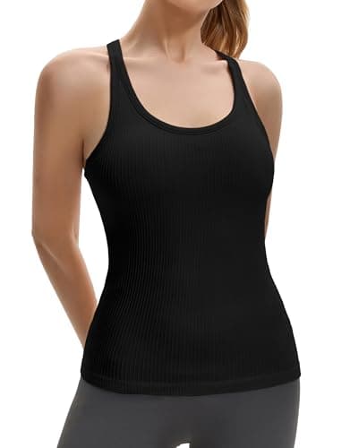 Gxpok Workout Tank Tops for Women with Built in Bra, Ribbed Athletic Gym Shirts Racerback Yoga Workout Tops Black — view 2