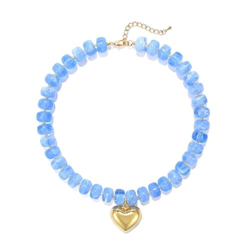 Wassazi Blue Chunky Beaded Necklace for Women, Colorful Acrylic Bead Statement Puff Heart Pendant Necklace, Cute Boho Y2K Choker Necklace for Gift Jewelry
