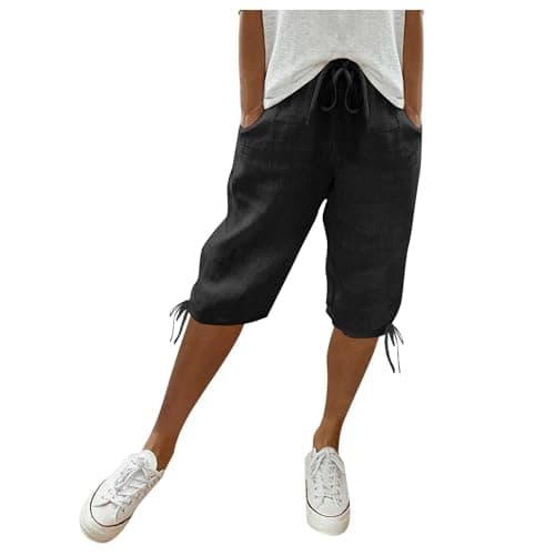 Bermuda Shorts for Women Knee Length 2026 Gaucho Pants Plus Size Linen Shorts Dressy Casual Summer Beach Capris Gauze Pedal Pushers with Pockets Linen Clothes for Seniors Bermudas para Mujer Black