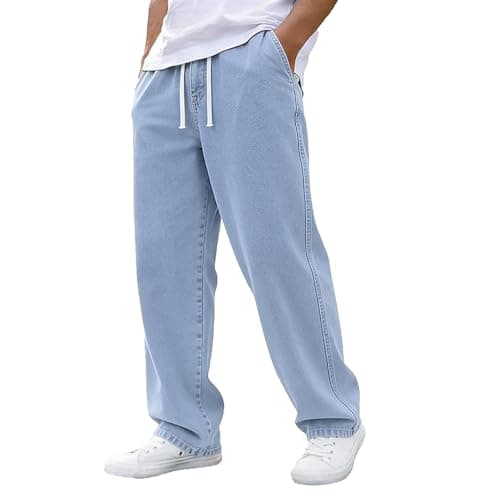 Baggy Jeans Men Casual Straight Leg Denim Pants Drawstring Elastic Waist Jeans Stretch Summer Streetwear Denim Pants Light Blue
