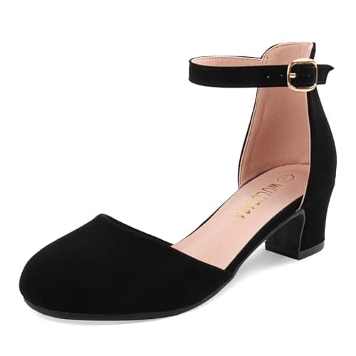 Wulubaba Girls Dress Shoes Closed Toe, High Chunky Kids Heels for Girls, Ankle Strap Wedding Party Pump Flower Girl Shoes, Nubuck Black Size 3