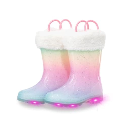 EUXTERPA Toddler Kids Light Up Glitter Rain Boots Waterproof Warm Fleece Lined Boots for Girls Winter Snow Boots, Pink Gradient, Size 2