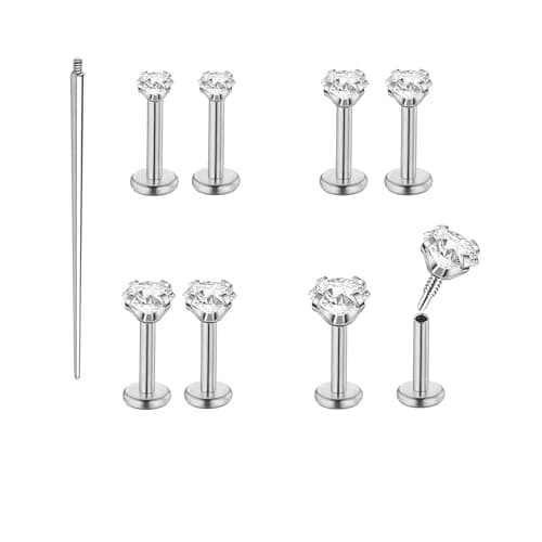 QXXPVV 16G Flat Back Earrings Stud Stainless Steel Extended Internally Thread Tragus Labret Nose Cartilage Lip Medusa Conch Body Piercing Jewelry Hypoallergenic for Women Men(4pairs 16G Silver 6mm)