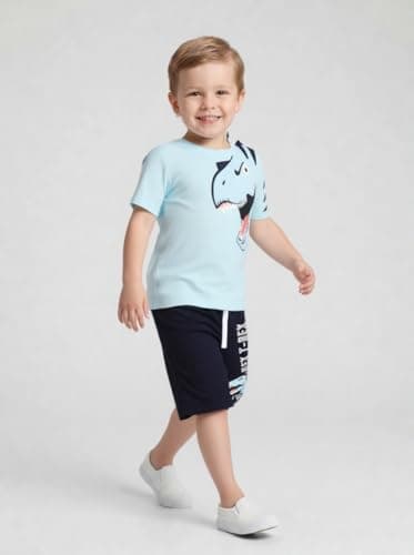 Toddler Boy Summer Outfits Clothes, Kids Boys Short Sleeve Cotton T-Shirt and Shorts Clothing Sets 2-7T (4-5T, Blue Dinosaur) — view 2