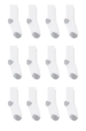 Hanes Boys Socks, Double Tough Cushioned Crew 12-pair Packs Athletic-socks, White/Grey Bottom, Large US