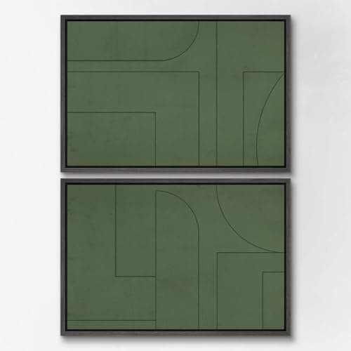 SIGNWIN Framed Canvas Print Wall Art Set Green Mid-Century Polygon Landscape Abstract Shapes Digital Art Modern Art Decorative Minimalism Vintage for Living Room, Bedroom, Office - 24"x36"x2 Black