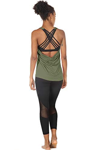 icyzone Yoga Tops Workouts Clothes Activewear Built in Bra Tank Tops for Women (M, Olive) — view 3
