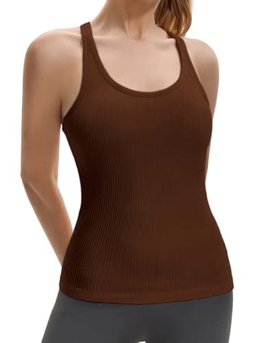 Gxpok Workout Tank Tops for Women with Built in Bra, Ribbed Athletic Gym Shirts Racerback Yoga Workout Tops Coffee Brown — view 2