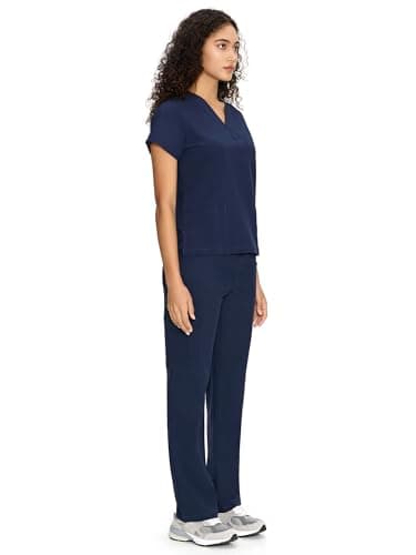 Scrubs for Women Set Medical Uniform - V-Neck Top & Straight Leg Pants with 9 Pockets, Wrinkle-Resistant Unisex Workwear, Navy Blue, M — view 2