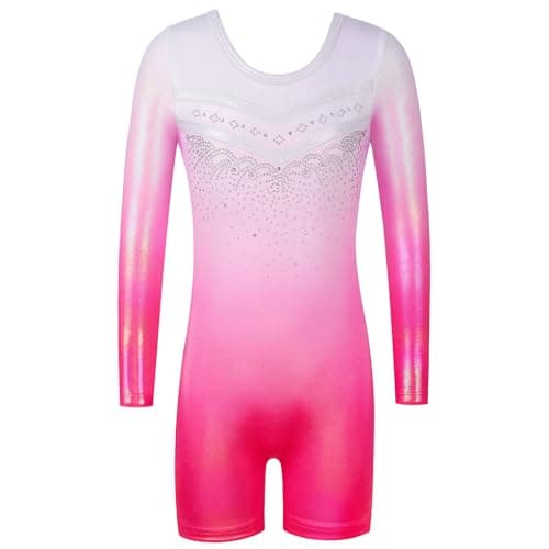 Gymnastics Leotards for Girls Long Sleeve Biketards Dance Unitards 3-12Y, Sleeved D Whitepink, 5-6 Years