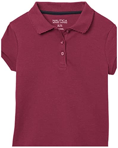 Nautica Girls' School Uniform Short Sleeve Polo Shirt, Button Closure, Soft Pique Fabric, Burgundy, 6 — view 2