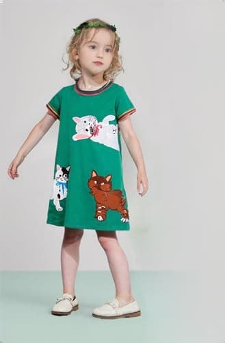 Winzik Toddler Summer Dress, Little Girls Short Sleeve Cotton Casual Dresses Cat Clothes 2-8 Years (3-4T, Cat Green) — view 2