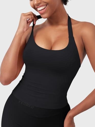 YEOREO SoftHue Women's Impact Halter Tank Top Longline Backless Scoop Neck Built-in Bra Sports Workout Gym Crop Top, Black, Medium — view 2