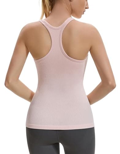 Gxpok Workout Tank Tops for Women with Built in Bra, Ribbed Athletic Gym Shirts Racerback Yoga Workout Tops Pink