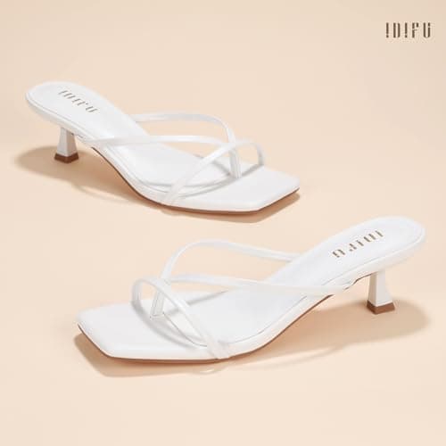 IDIFU White Kitten Heels for Women Flip Flop Strappy Square Open Toe Low Heeled Sandals Wedding Bride Prom Graduation Party Slide Dress Shoes Cute Trendy Casual Thong Slip On Heels(White Pu, 7.5) — view 5