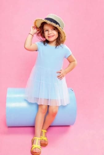Winzik Girls Dress, Toddler Summer Short Sleeve Cotton Casual Blue Dresses Clothes 18M-7Y(5-6 Years, Solid Blue Mesh)